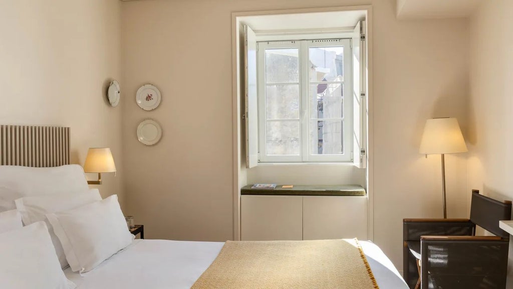 Boutique white terracotta-tiled hotel overlooking Lisbon's historic Alfama district with panoramic city and river views at sunset