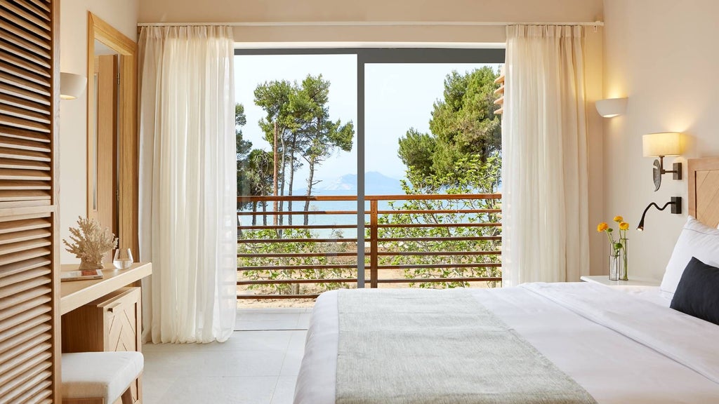 Luxurious sunset-view suite at ELIVI Skiathos hotel in Greece, featuring elegant white decor, modern minimalist design, and expansive sea panorama through floor-to-ceiling windows.