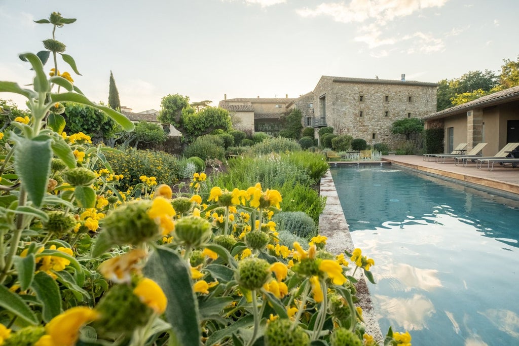 Elegant stone-walled French countryside hotel with warm terracotta roof, lavender fields, and rustic charm nestled in scenic Provence landscape