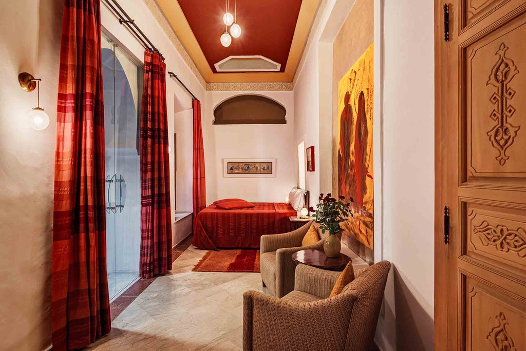 Traditional Moroccan riad with elegant courtyard featuring ornate archways, mosaic tiles, hanging lanterns and a tranquil fountain at sunset