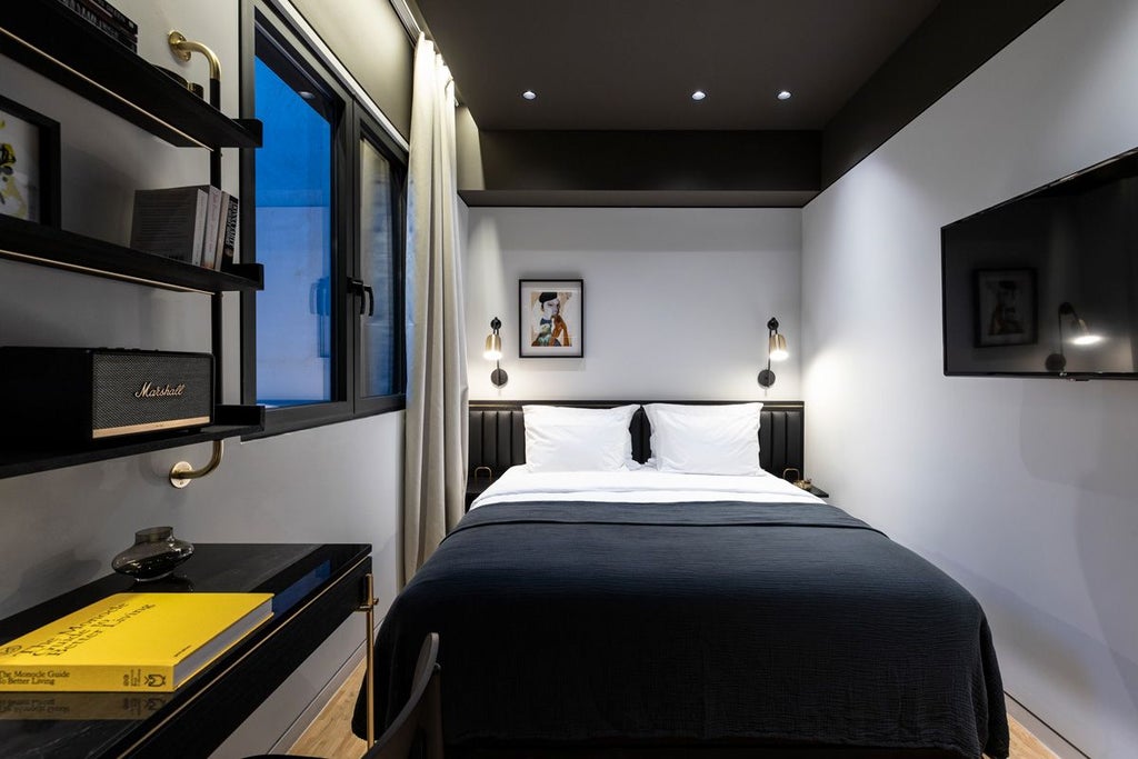 Minimalist hotel room with crisp white linens, sleek gray furniture, floor-to-ceiling windows overlooking Athens' urban landscape, modern design aesthetic