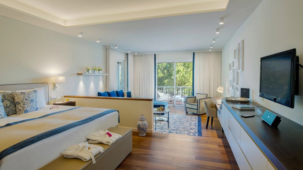 Elegant junior suite with contemporary design, ocean-inspired decor, private balcony overlooking lush gardens at Vila Vita Parc Resort & Spa in Algarve, Portugal