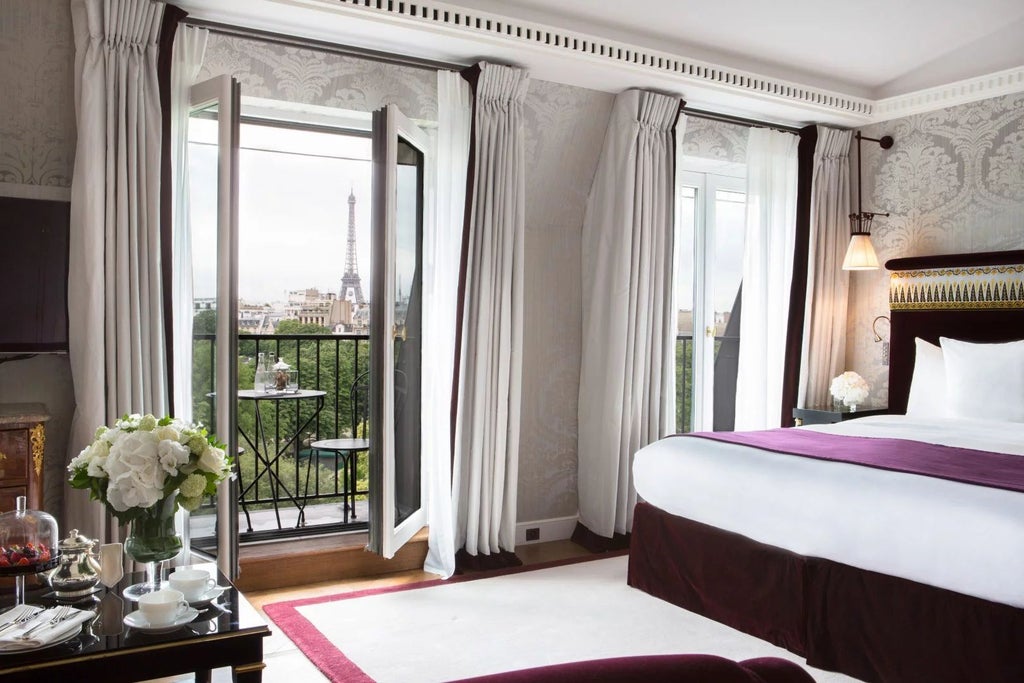 Elegant Eiffel Junior Suite with soft taupe walls, plush cream-colored furnishings, floor-to-ceiling windows overlooking Parisian cityscape, refined luxury hotel interior