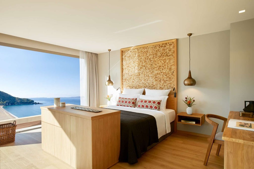 Spacious family hotel room with panoramic sea view, modern minimalist design, large windows, elegant white decor, and blue Aegean Sea backdrop in Parga, Greece