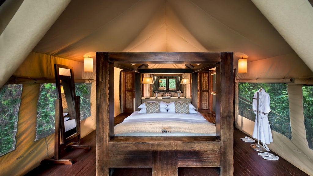 Luxury safari tents with private verandas nestled in acacia woodland, overlooking vast Masai Mara savanna at golden hour light