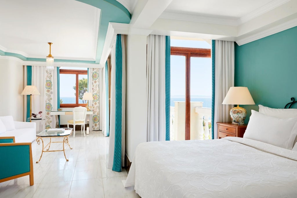 Elegant Deluxe Junior Suite with panoramic sea view, featuring modern Greek-inspired decor, plush white bedding, and wooden accents overlooking azure Aegean waters