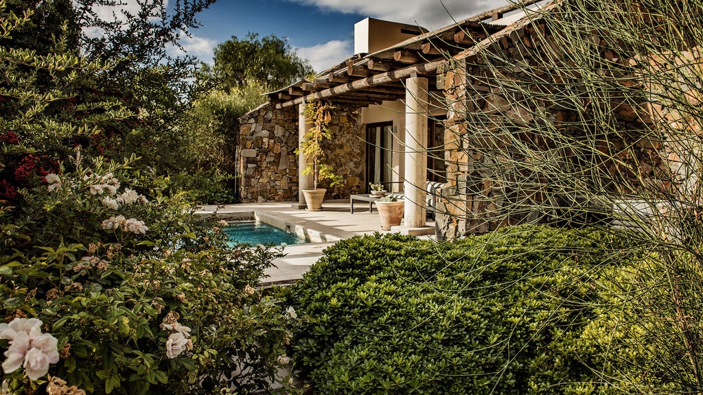 Luxurious stone lodge nestled in Mendoza vineyards with snow-capped Andes mountains in background, glowing warmly at sunset