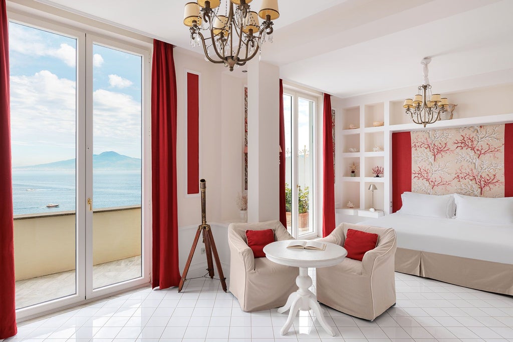 Elegant seaside suite with panoramic view of Sorrento coastline, classic Italian marble floors, and ornate chandelier in luxurious neutral tones