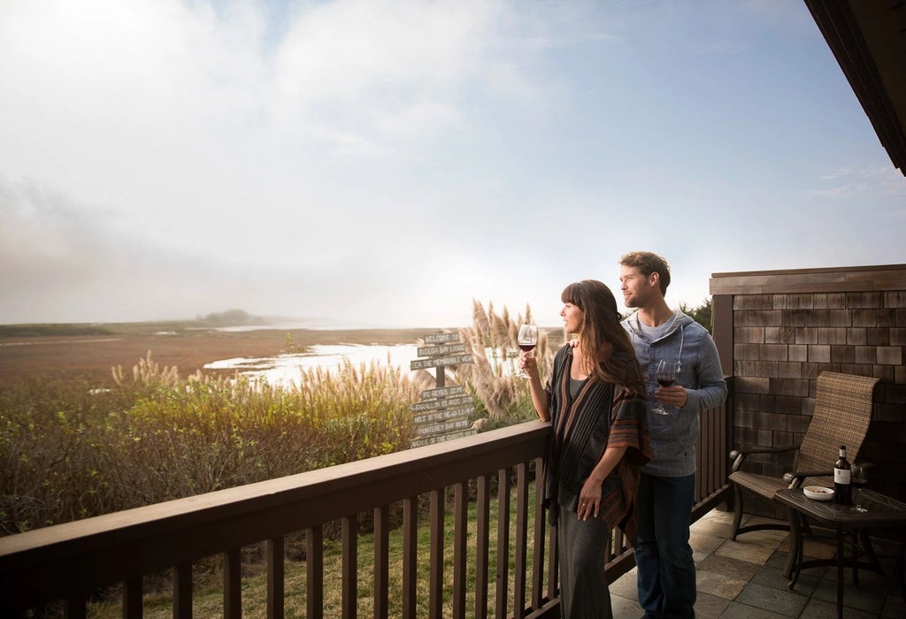 Luxurious coastal retreat nestled in Bodega Bay, featuring elegant wood-paneled exterior, expansive windows, and stunning Pacific Ocean panorama at sunset