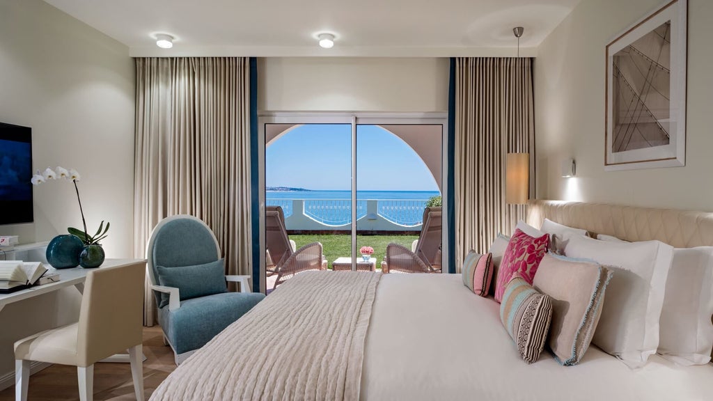 Luxurious grand suite at Vila Vita Parc Resort & Spa in Portugal with elegant furnishings, ocean view, and spacious marble bathroom