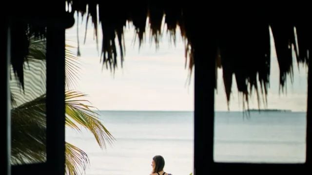 Luxurious beachfront tropical bungalow at Turtle Inn, featuring traditional thatched roof, lush garden setting, and elegant wooden terrace with ocean view.