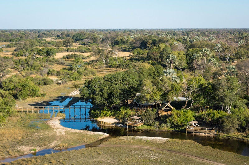 Elevated safari tent with private deck overlooking Okavango Delta wetlands, surrounded by lush greenery and acacia trees