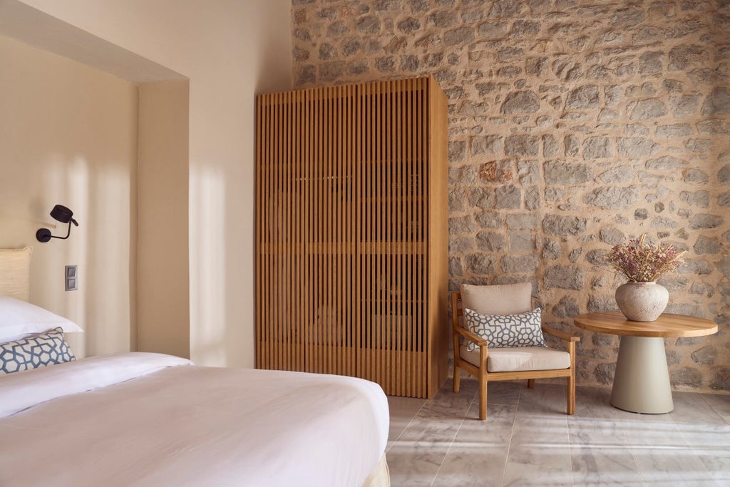 Modern beachfront suite with infinity pool merging into Mediterranean views, featuring white loungers and elegant outdoor furniture