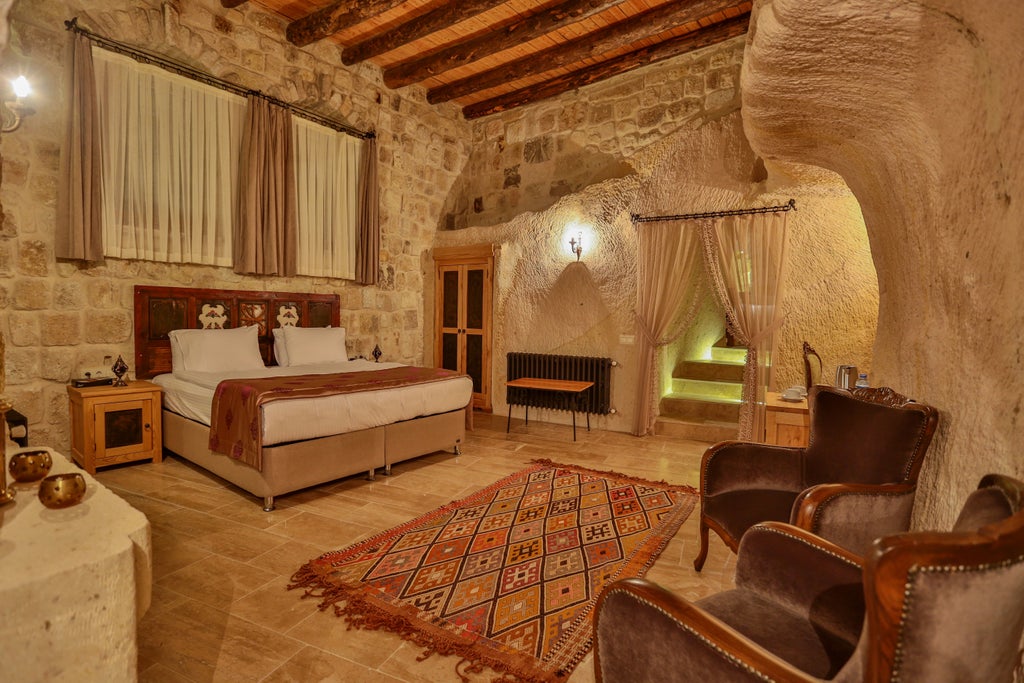 Historic white cave hotel with curved stone archways and elegant terraces overlooking Cappadocia's landscape at golden hour