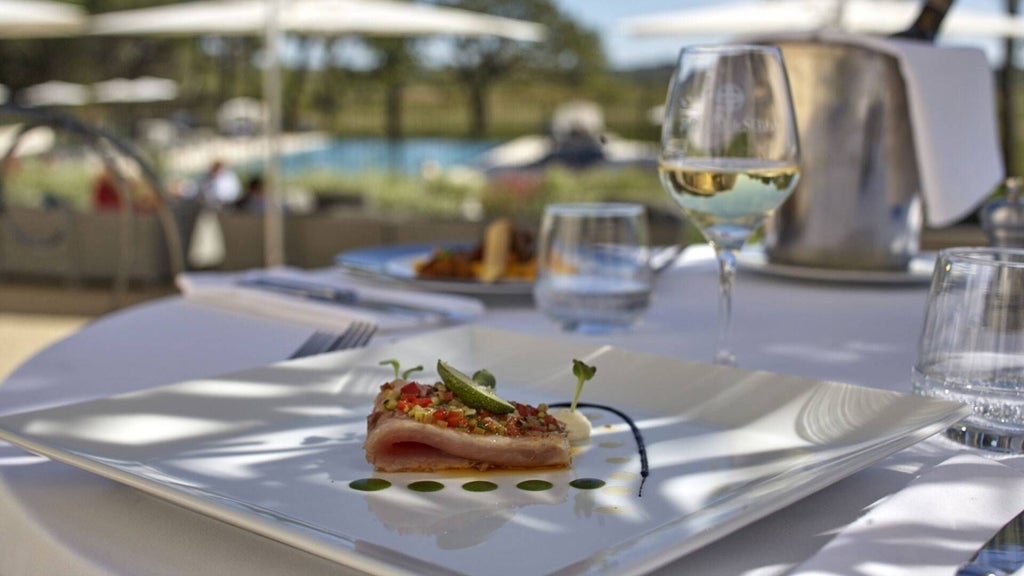 Luxurious French château hotel nestled among rolling vineyards, featuring elegant stone architecture, lush gardens, and golden sunlight casting a warm glow