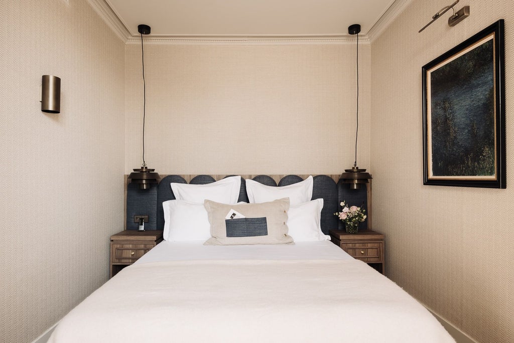 Elegant minimalist hotel room with soft gray tones, modern furnishings, large window, and subtle Little Prince-inspired artwork in a contemporary Netherlands hotel