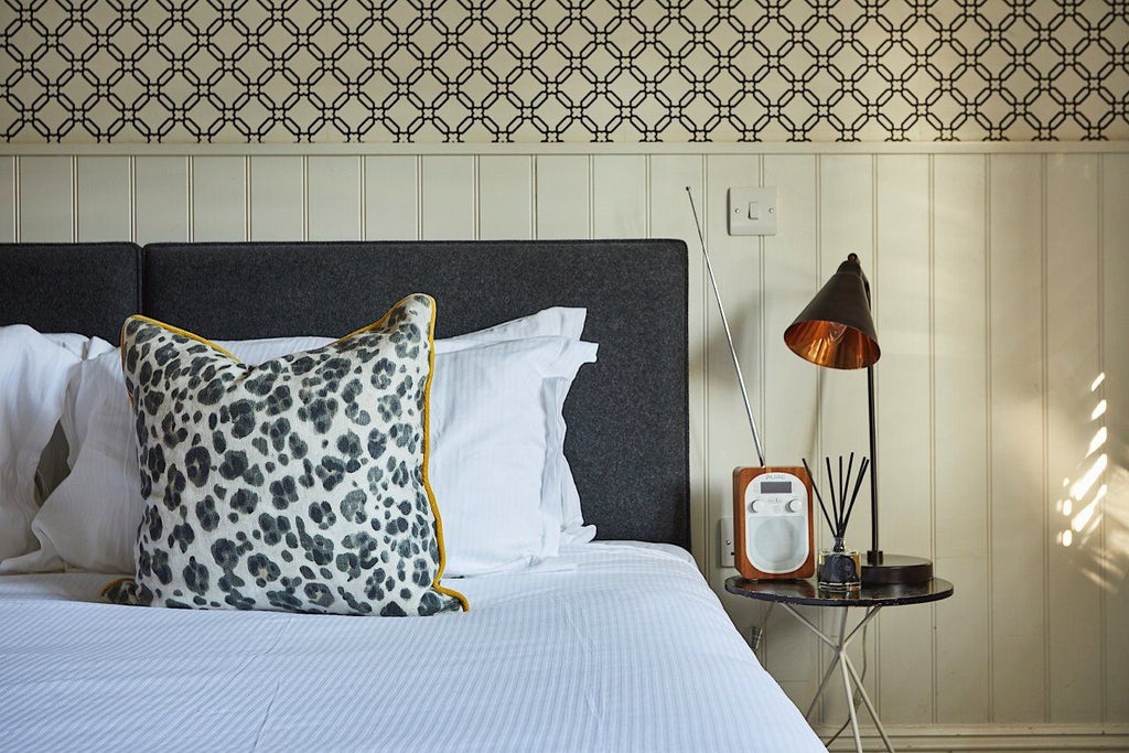 Elegant standard double room with soft gray walls, crisp white linens, modern wooden furniture, and warm ambient lighting at Timbrell's Yard hotel.