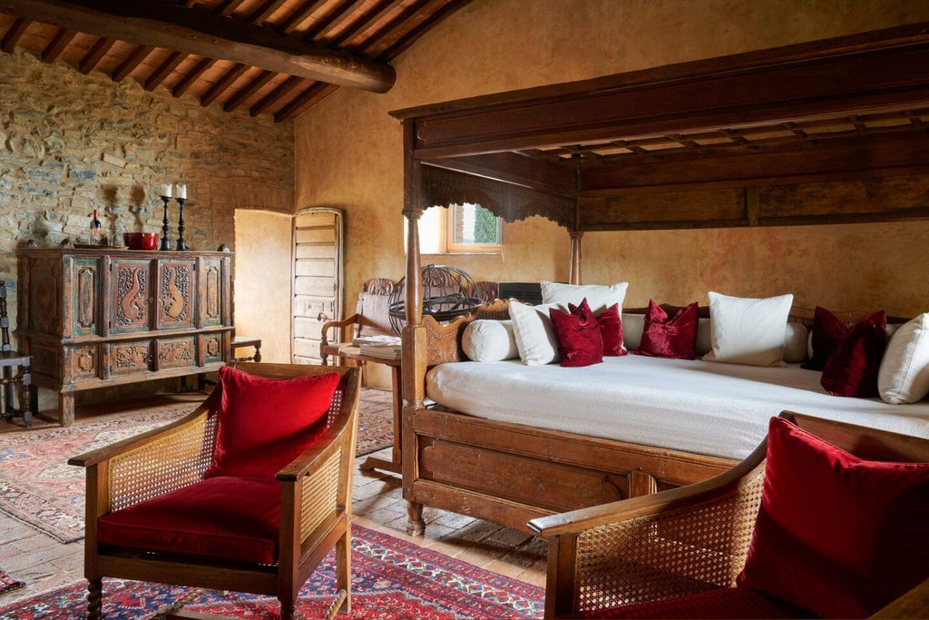 Luxurious Italian countryside suite with rustic stone walls, antique wooden furniture, and plush white linens in a historic Tuscan castle setting