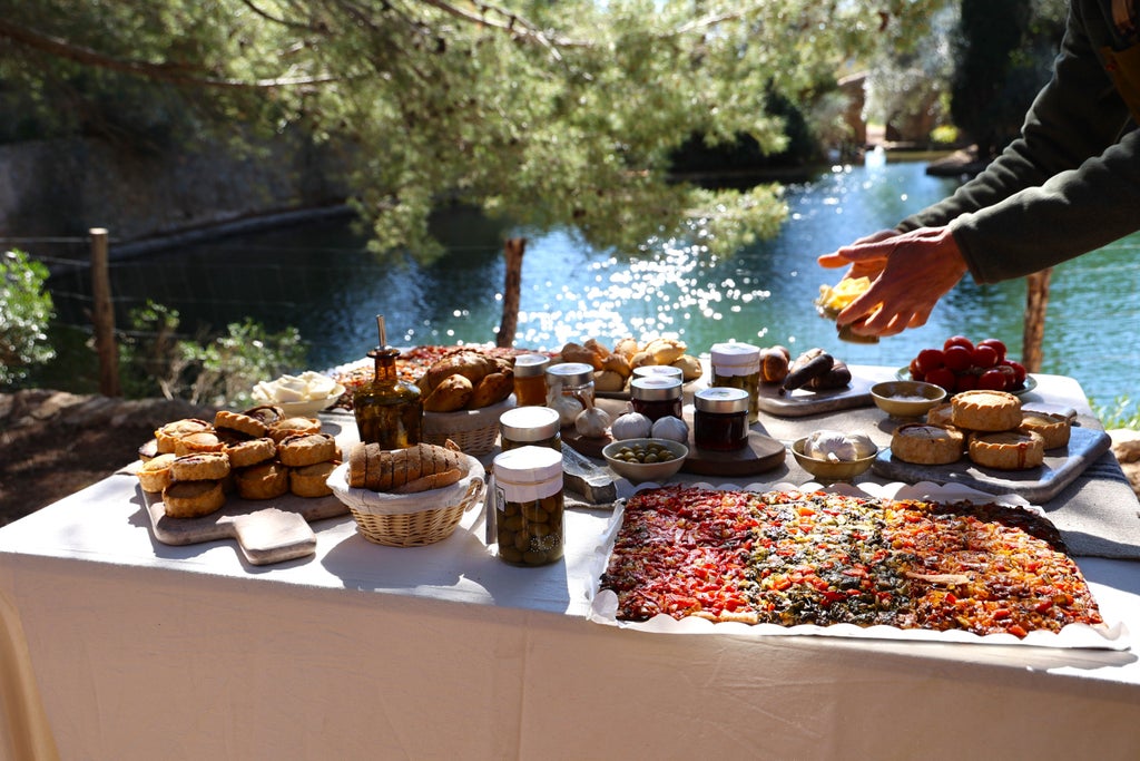 Rustic stone terrace overlooking sun-drenched olive groves, set with elegant wine glasses and local delicacies for upscale tasting