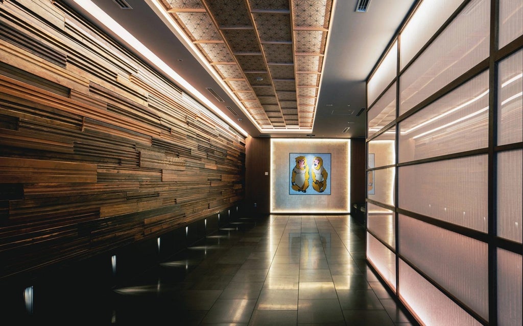 Modern Japanese boutique hotel exterior with traditional stone walls, elegant wooden elements, and soft warm lighting at dusk