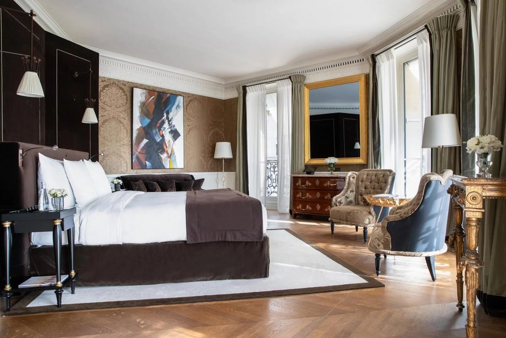 Elegant Parisian suite overlooking Grand Palais, featuring plush cream furnishings, gold accents, and floor-to-ceiling windows with soft natural lighting