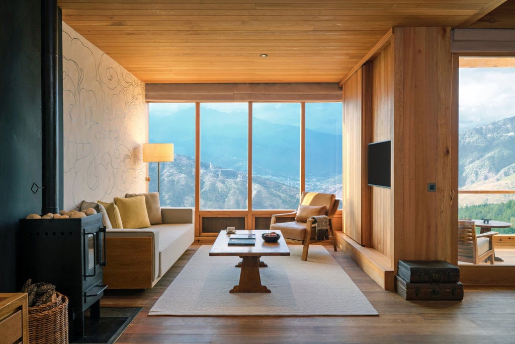 Luxurious mountain lodge with traditional Bhutanese architecture featuring stone walls, timber details, and sweeping Himalayan valley views