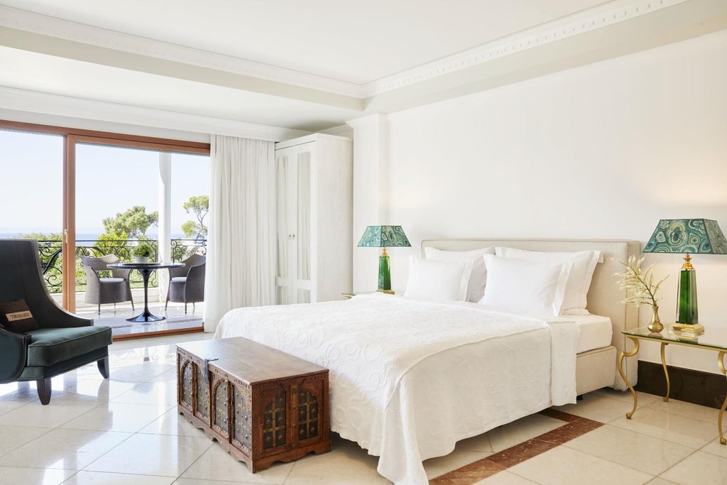 Spacious two-bedroom suite with elegant coastal view, marble bathroom, private balcony overlooking azure Aegean Sea at luxury beachfront resort in Greece