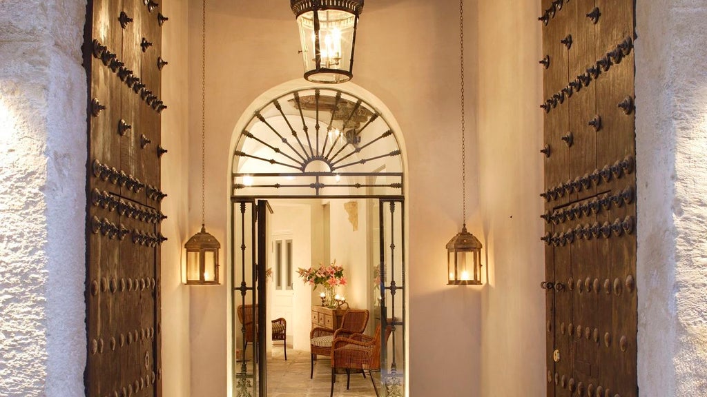 Historic Spanish boutique hotel with whitewashed facade, elegant iron balconies, and terracotta tiles nestled in a narrow cobblestone street