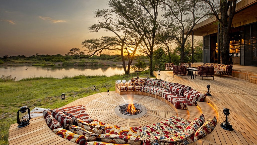 Luxurious safari lodge with thatched-roof villas nestled along Serengeti riverbank, featuring natural wood and stone architecture