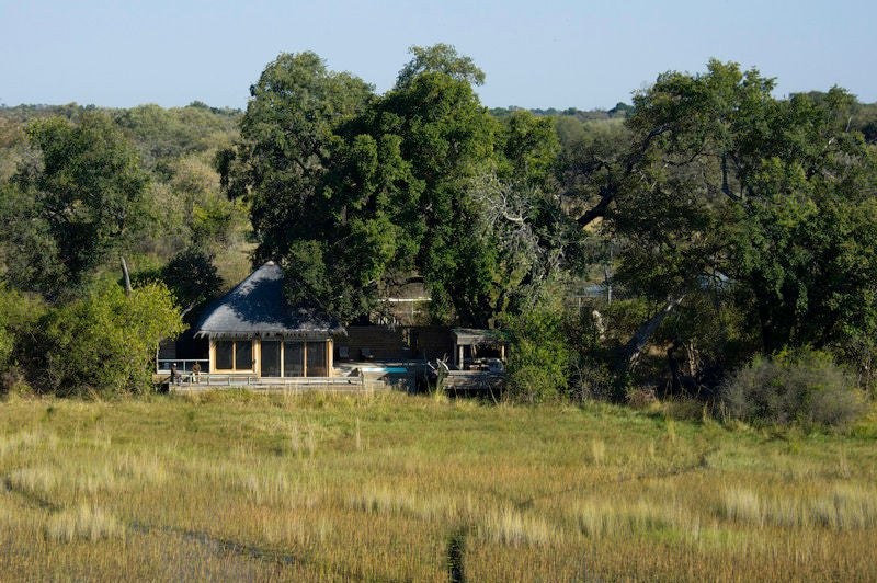 Elevated safari lodge with thatched roof and private deck overlooking vast Botswana grasslands during golden sunset hour