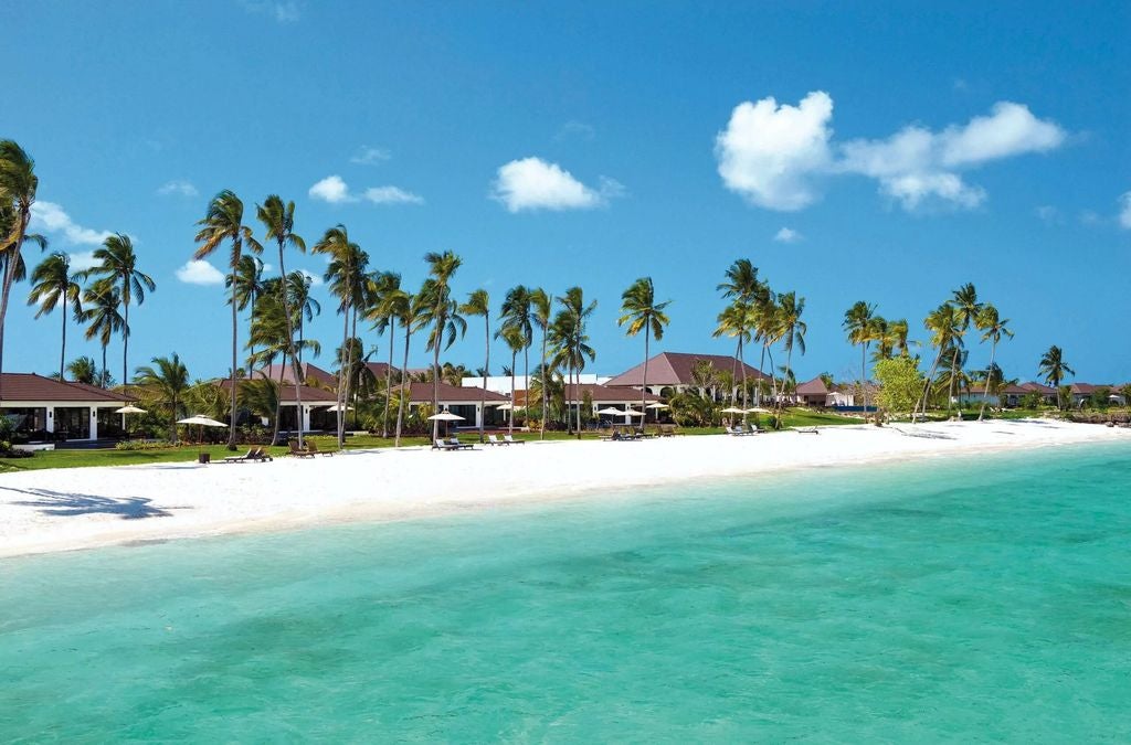 Luxury beachfront villa with private infinity pool overlooking crystal-clear Indian Ocean waters, surrounded by tropical gardens in Zanzibar