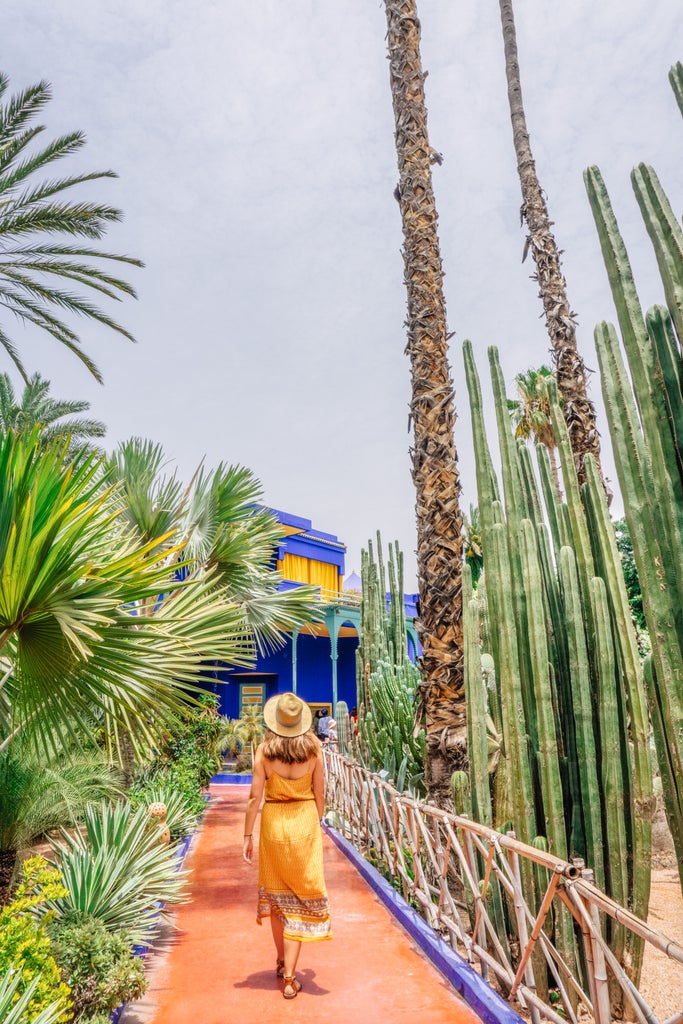 Vibrant blue walls of Majorelle Gardens surrounded by lush exotic plants, showcasing Moroccan botanical luxury amid intricate pathways and architectural elegance