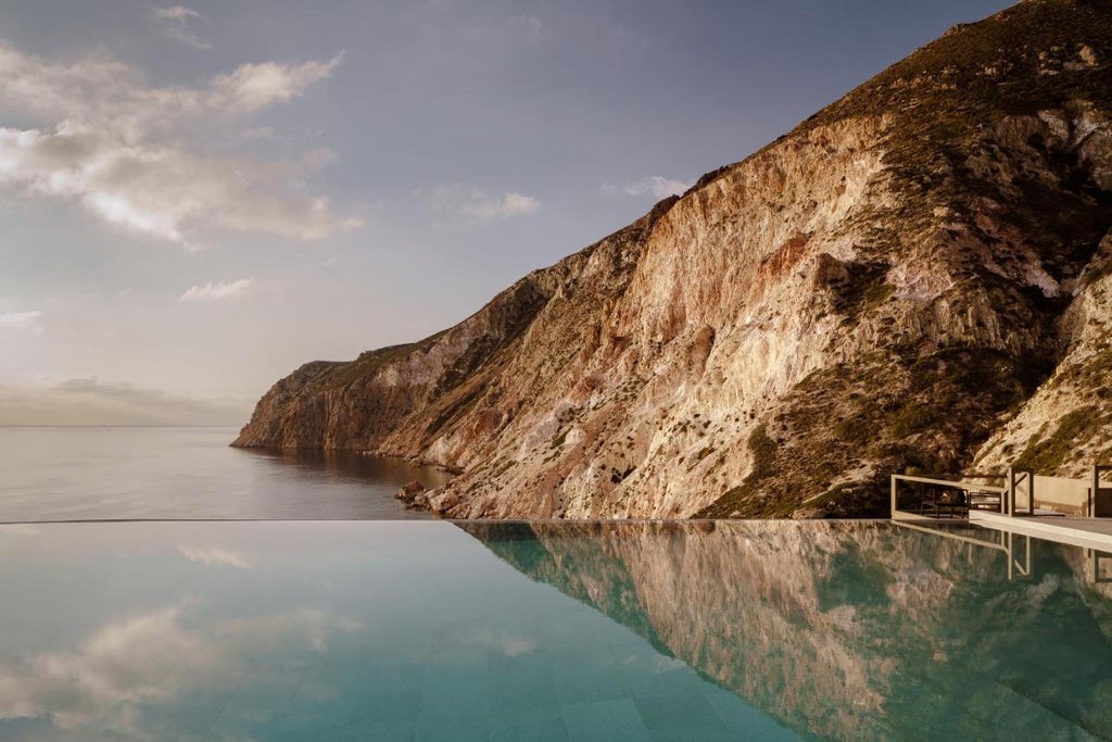 Modern infinity pool overlooking Aegean Sea at sunset, white minimalist architecture merges with natural rocky coastline of Milos