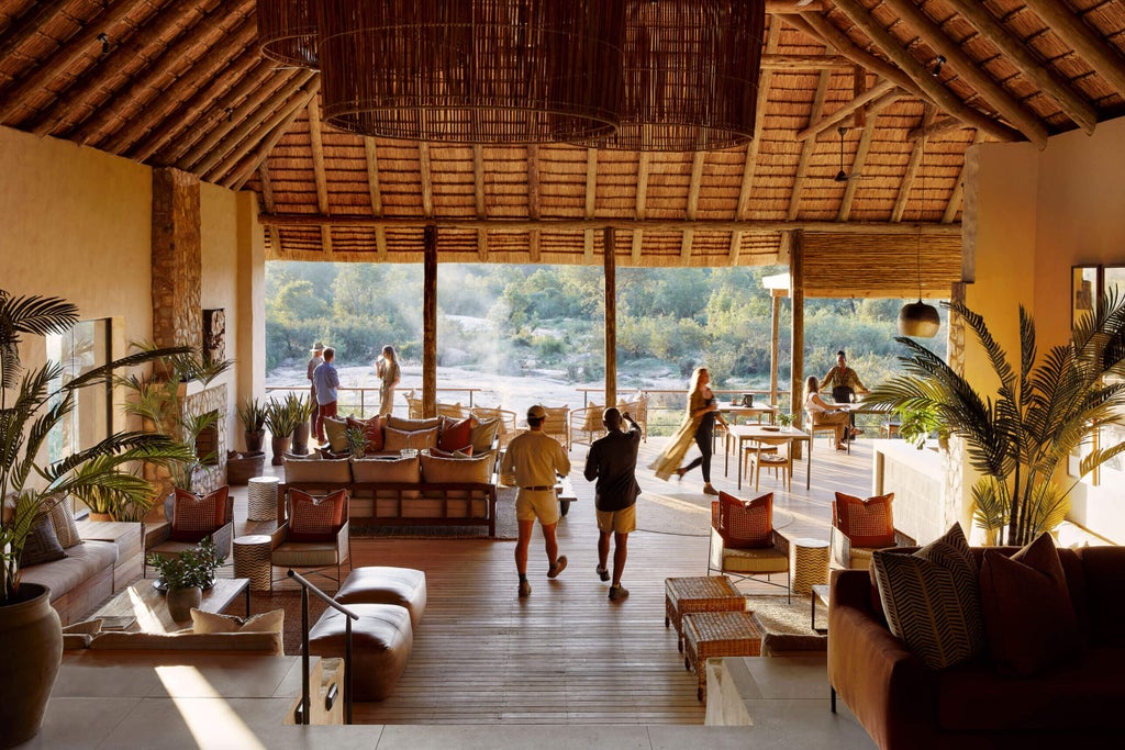 Elevated luxury safari lodge with thatched roof and wooden deck overlooking a tranquil river in the African wilderness