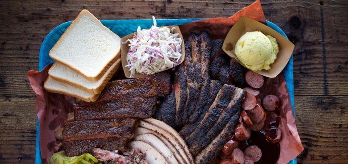 A tray of what's sometimes referred to as the best barbecue in Texas at Franklin's BBQ