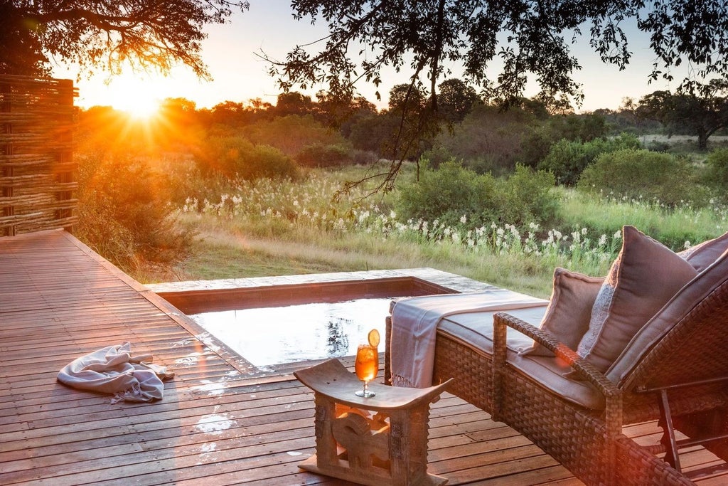 Luxurious riverside suite with private plunge pool overlooking African savanna, featuring thatched roof and natural wood accents