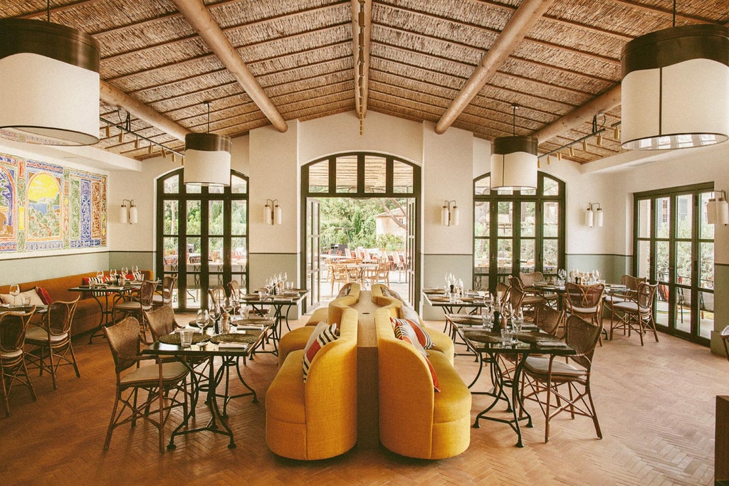 Elegant garden patio at Lou Pinet hotel with stone terrace, woven lounge chairs, and lush Mediterranean landscaping under sunset sky