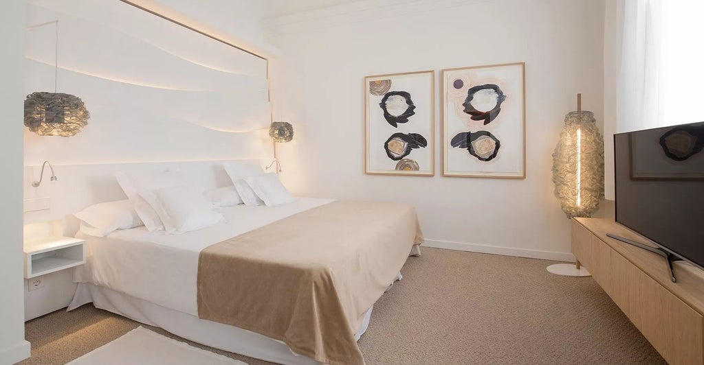 Elegant stone-walled suite with modern minimalist decor, spacious king bed, and contemporary lighting in historic Spanish hotel conversion