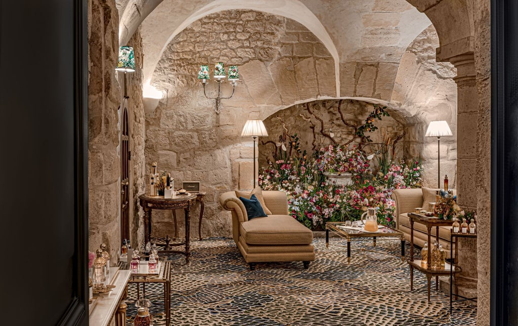 Elegant 5-star boutique hotel in Paris with ivy-covered stone facade, wrought iron balconies and manicured garden entrance