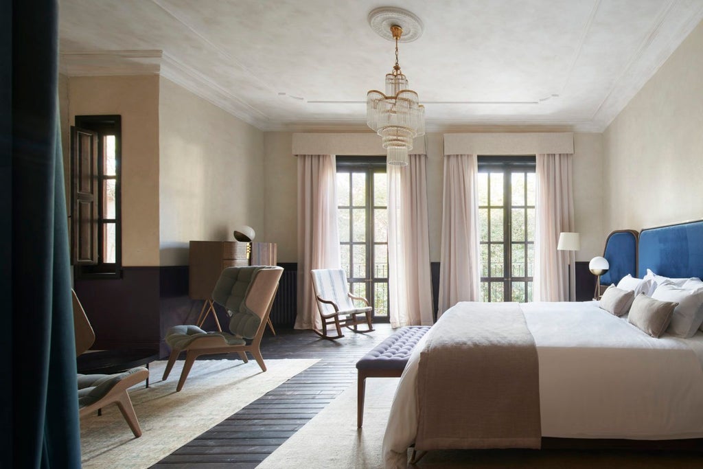 Elegant grand suite with ornate chandelier, plush king-sized bed, antique wooden furnishings, and expansive windows overlooking lush garden in historic Spanish hotel