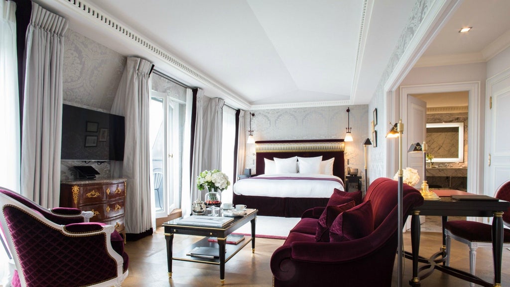 Elegant Parisian suite with plush cream furnishings, ornate golden accents, and expansive city view at luxury La Réserve Hotel & Spa, showcasing sophisticated French design