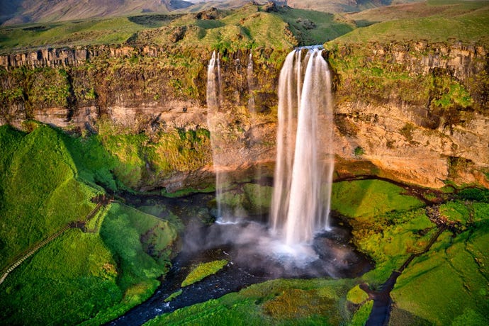 An aerial view of the Seljalandfoss waterfall