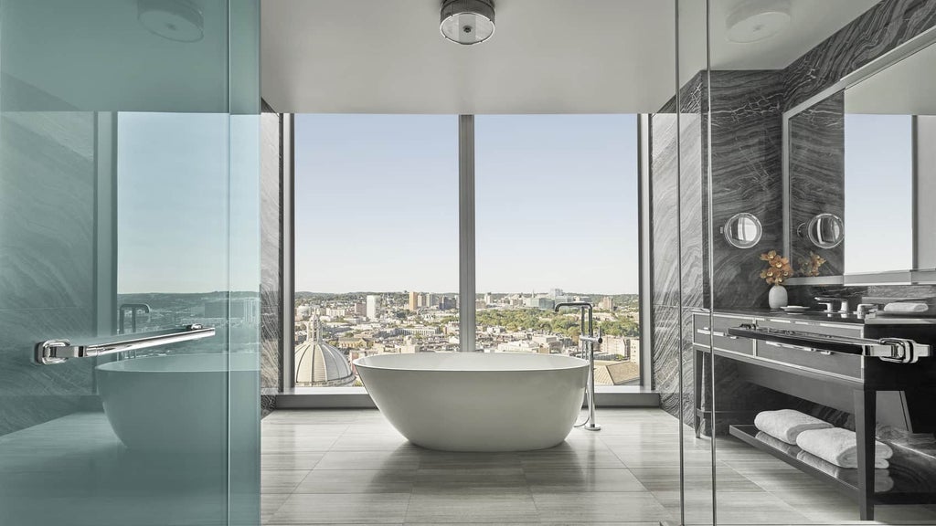 Expansive presidential suite with panoramic city views, plush king bed, marble bathroom, contemporary furnishings, and elegant neutral color palette at luxury hotel