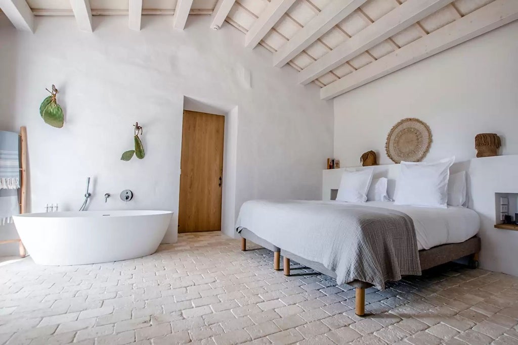 Luxurious Spanish suite with panoramic coastal view, elegant whitewashed walls, modern minimalist design, and private terrace overlooking scenic landscape