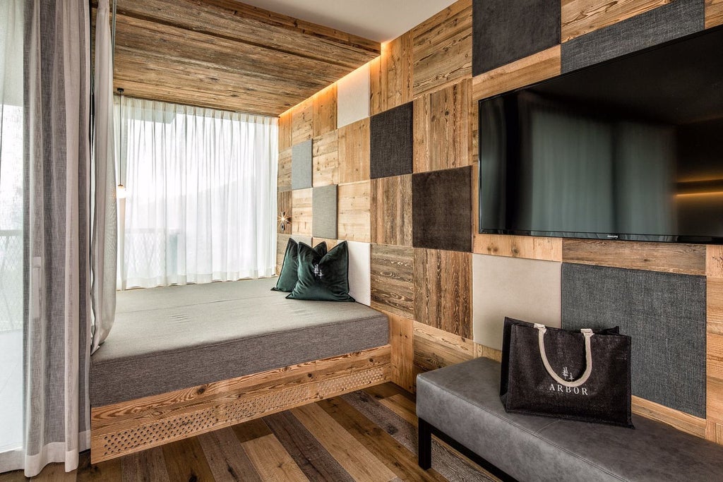 Luxurious wood-paneled suite with floor-to-ceiling windows overlooking pine forest, minimalist design blending modern comfort and Alpine-inspired natural aesthetics