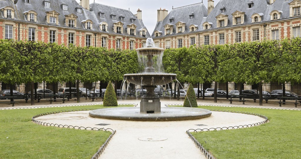 Elegant 17th-century Parisian boutique hotel facade with soft golden light, ornate windows, and classic French architectural details in soft pastel hues