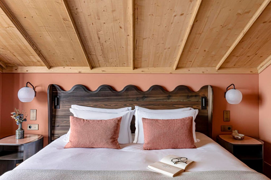 Luxurious alpine suite with modern French design, featuring plush white bedding, wooden accents, and panoramic mountain views from Le Coucou Méribel hotel