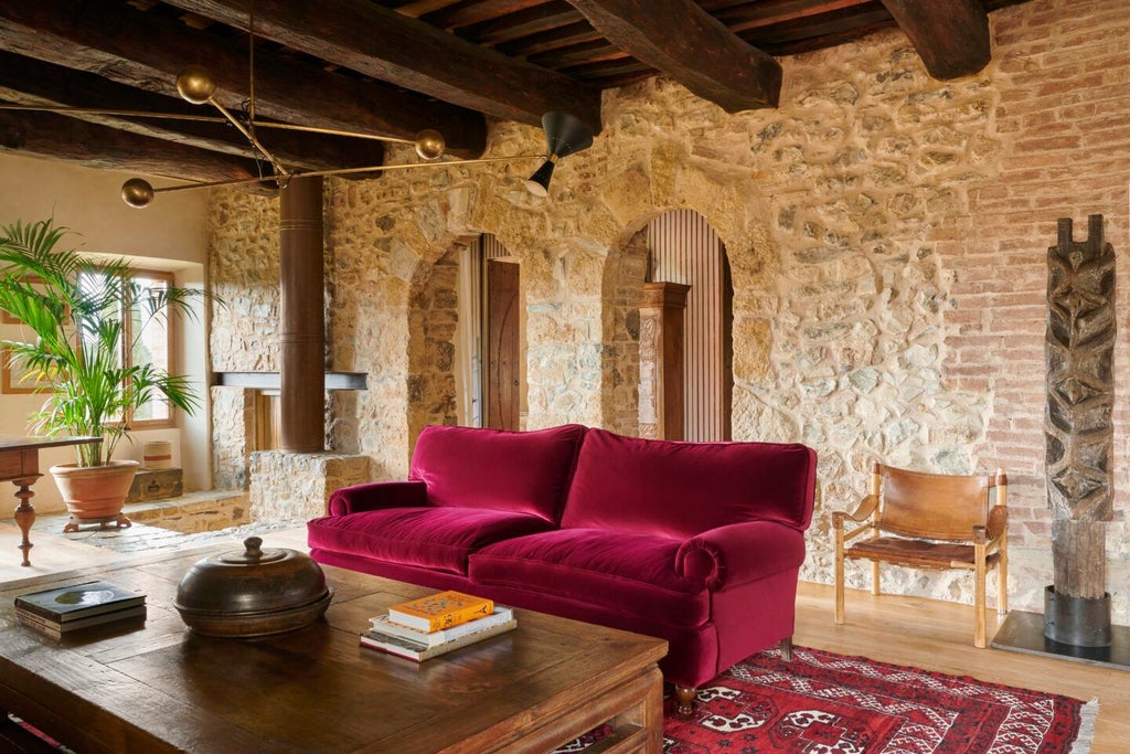 Luxurious Italian hotel suite with rustic stone walls, elegant four-poster bed, and panoramic countryside view from Castello di Vicarello