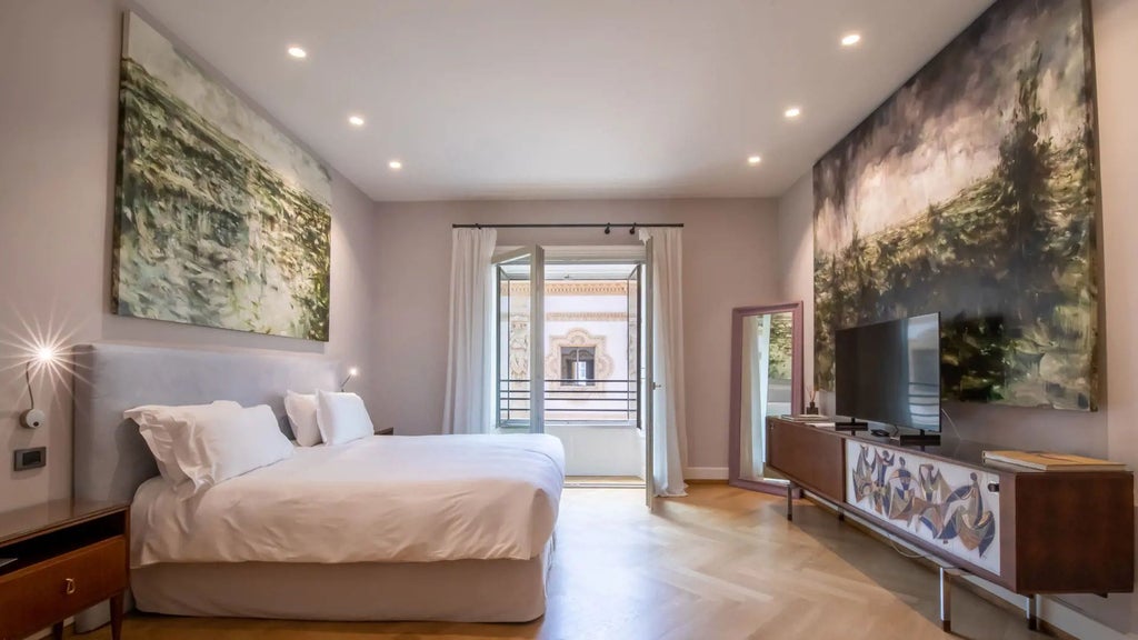 Opulent hotel room with gallery views, contemporary Italian design, floor-to-ceiling windows overlooking urban Milan, elegant neutral tones and modern furnishings