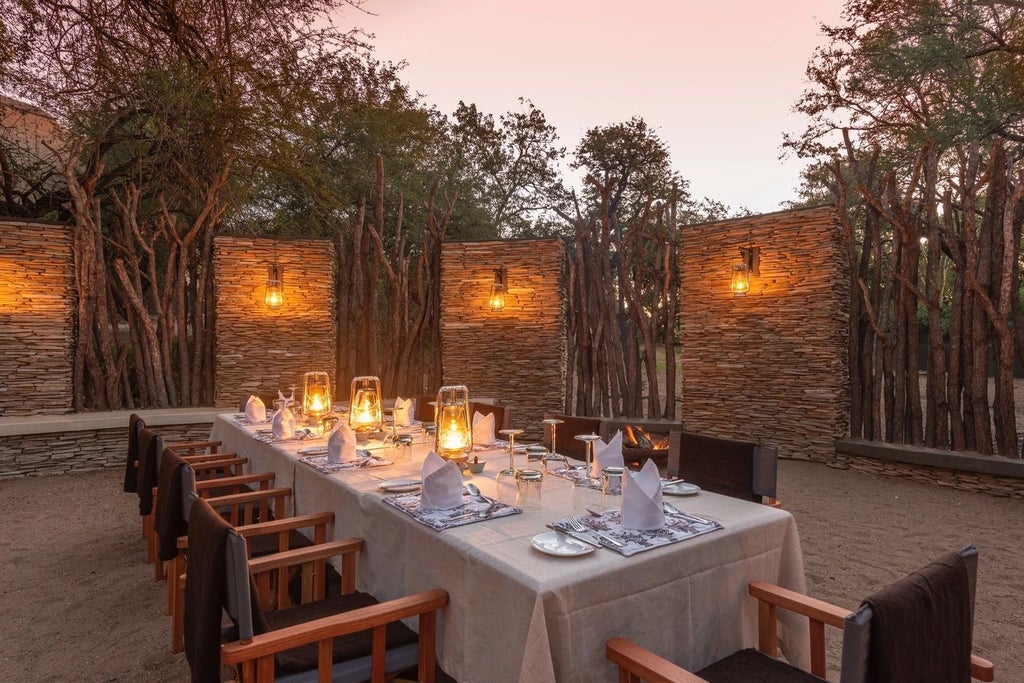 Luxurious safari lodge suite overlooking Kruger Park, featuring private plunge pool, thatched roof terrace and natural wood accents